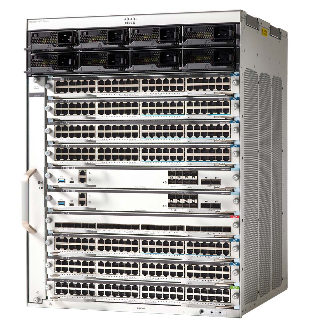 Cisco C9410R-96U-BNDL-E Switch — [shortdesc] Managed, Rack-mountable, 8 x line-card slots, 2 x Supervisor slots, Integrated PoE (2880W per slot), Layer 3, Network Essentials License [/shortdesc] [properties] Networking Equipments