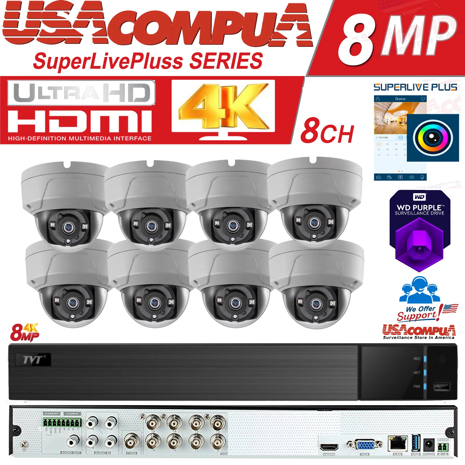 SuperLivePlus 4K Security Camera System 8 Megapixel 8 Vandal Proof W/ Hard Disk — SuperLivePlus 4K Cctv Cameras